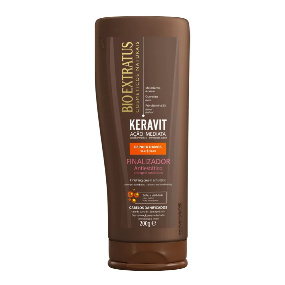 Frasco castanho de creme finalizador Keravit da Bio Extratus para cabelos danificados