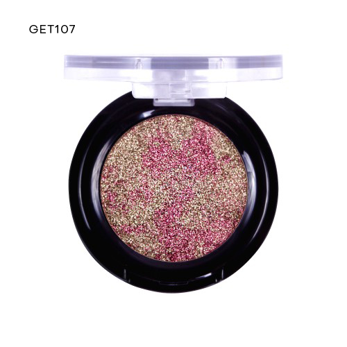 Pó compacto brilhante rosa e dourado em embalagem preta com tampa transparente