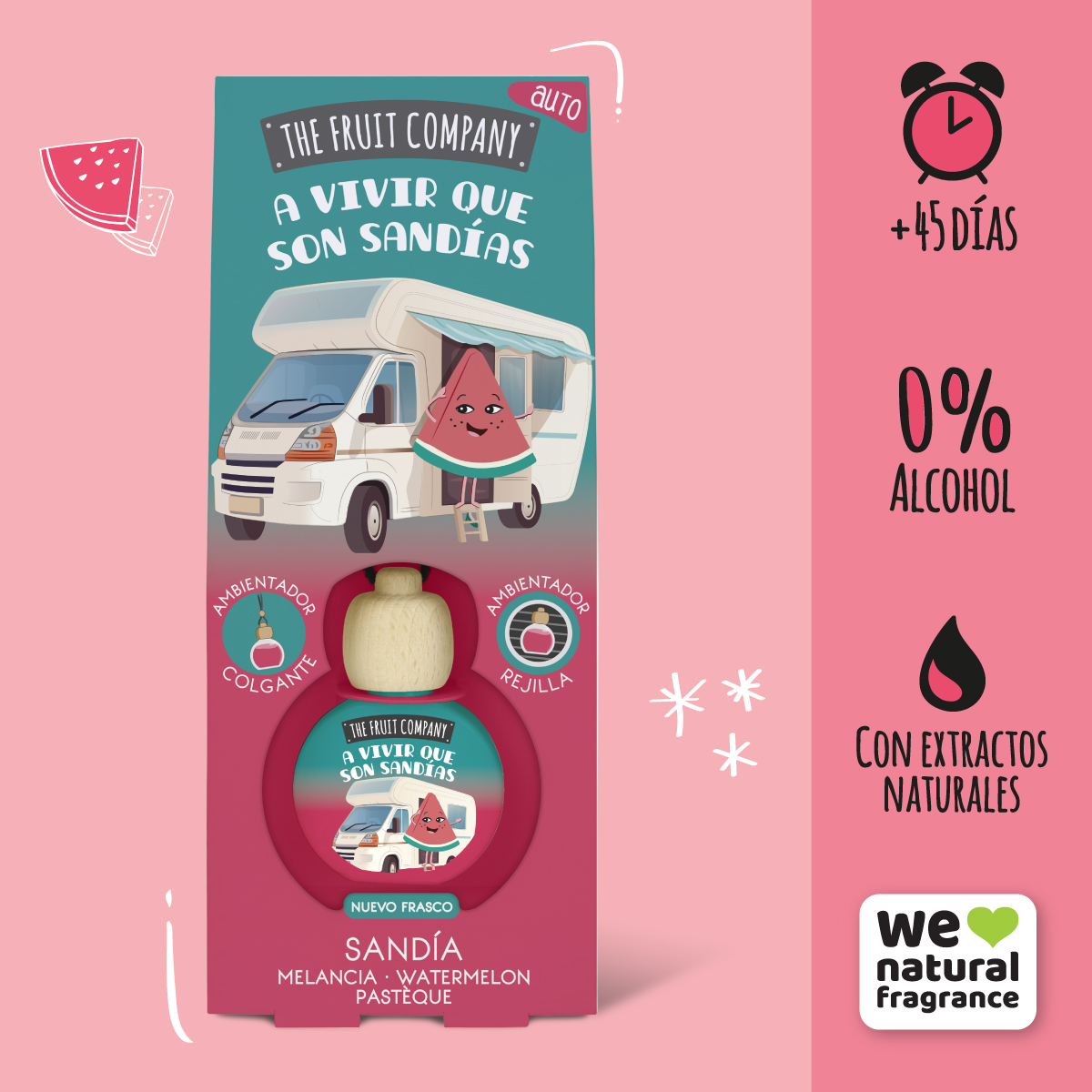 Embalagem de fragrância natural com tema melancia e ilustração de caravana