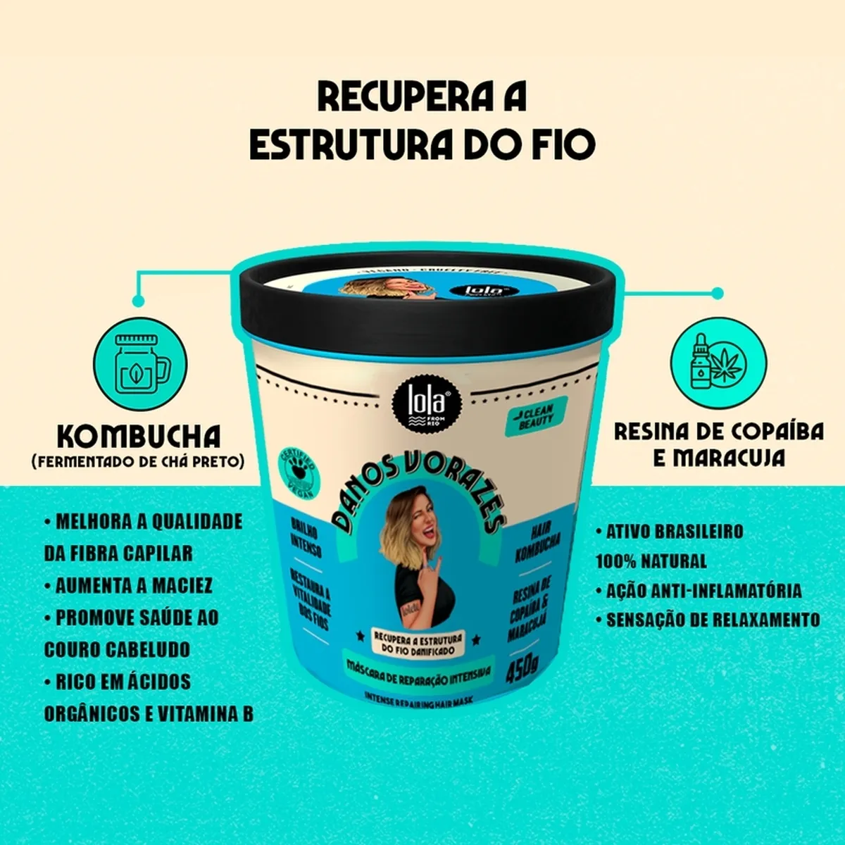 Pote de creme capilar Lola Cosmetics danoso e voraz com informações dos ingredientes e benefícios.