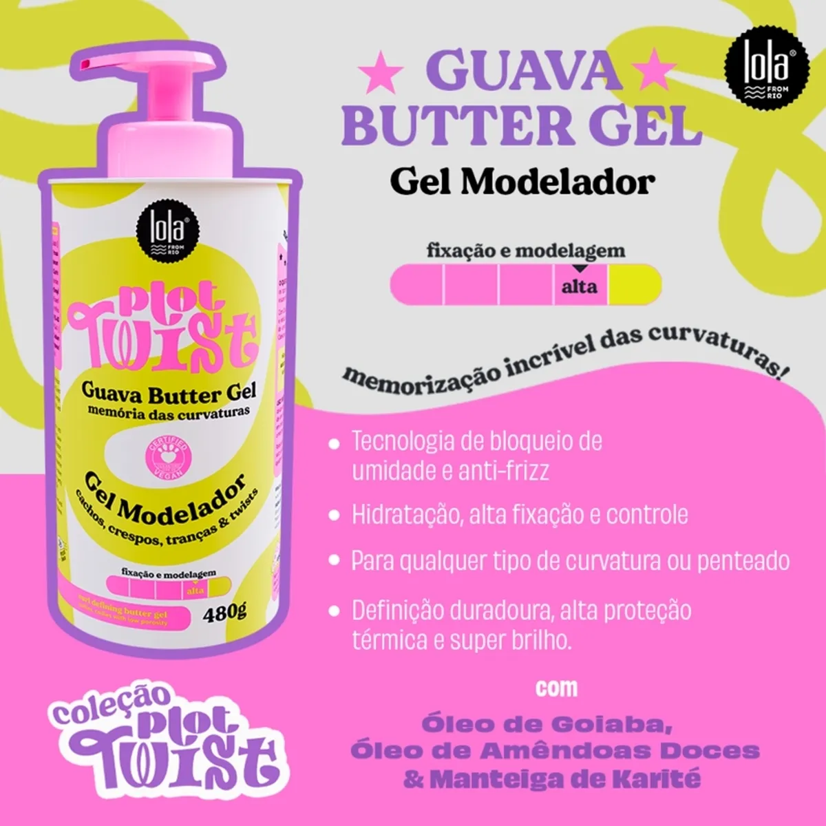 embalagem do Gel Modelador Guava Butter Gel com pump e texto em cores vibrantes