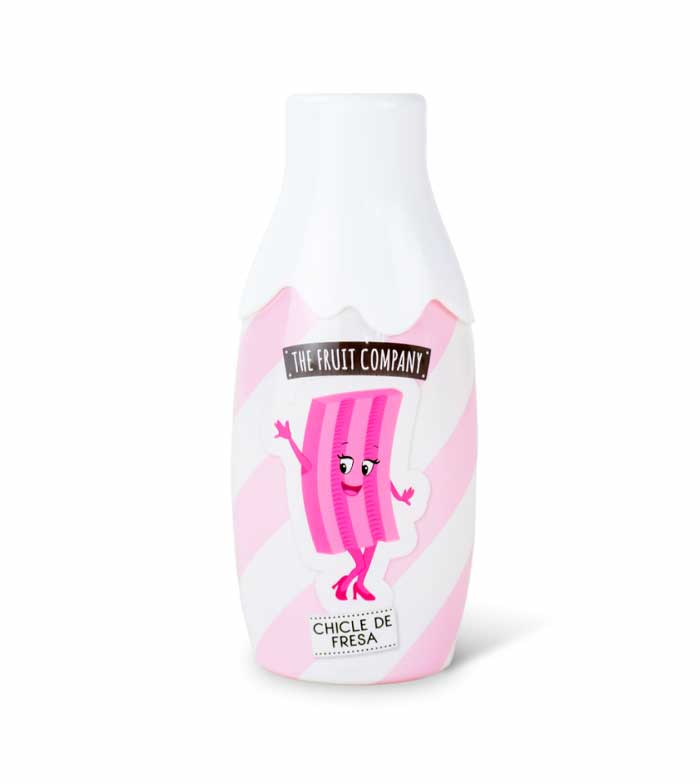 Frasco branco com design rosa e branco e etiqueta 'CHICLE DE FRESA' com ilustração animada