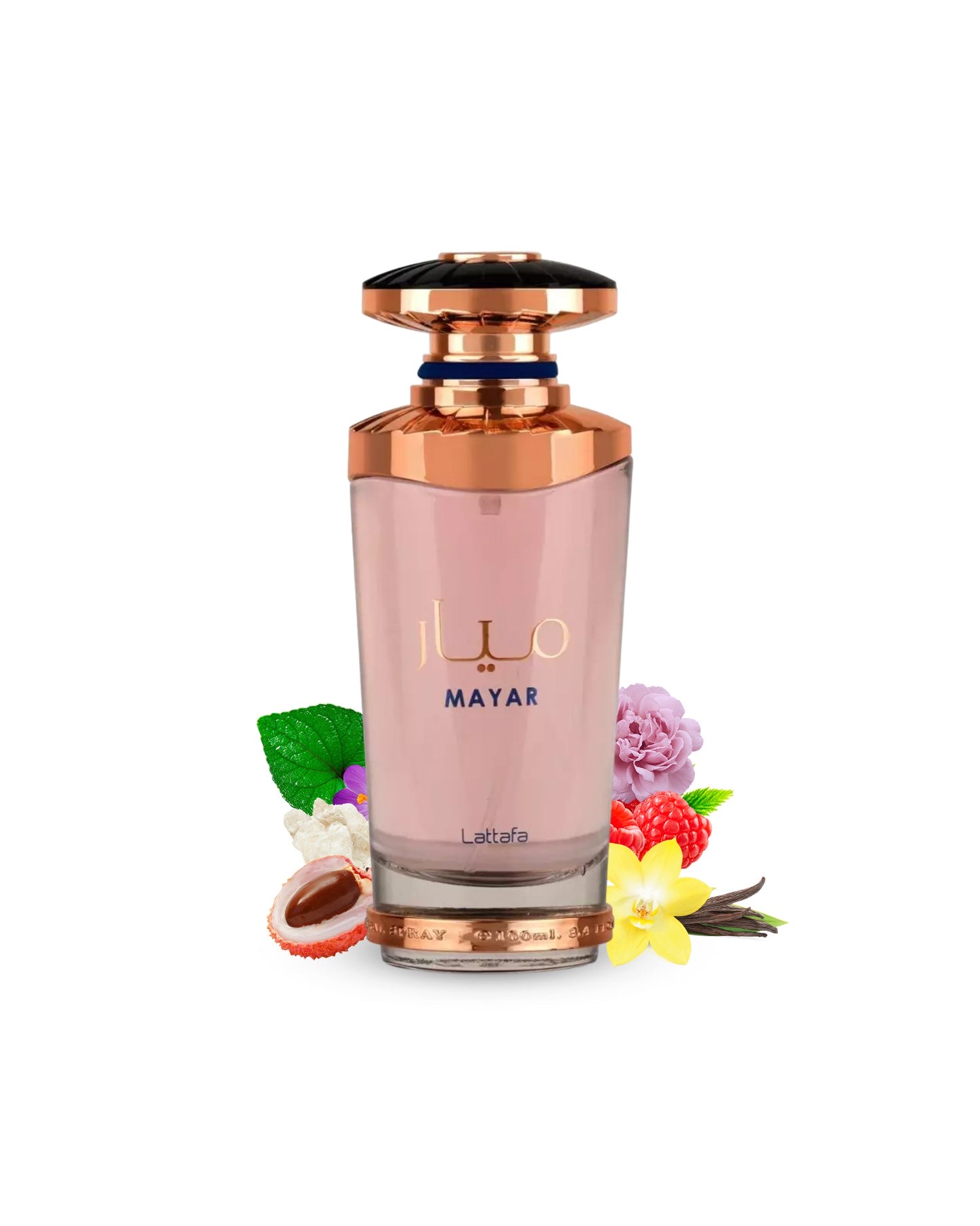Frasco de perfume rosa com tampa dourada e decoração de flores e frutas