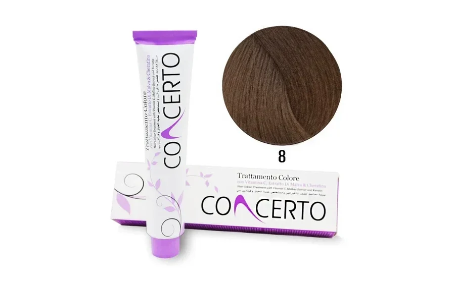 Tubo e caixa do produto de coloração de cabelo Concerto com amostra de cor castanho número 8