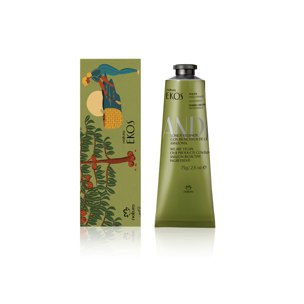Creme para mãos em tubo verde e caixa com ilustração de açaí e plantas