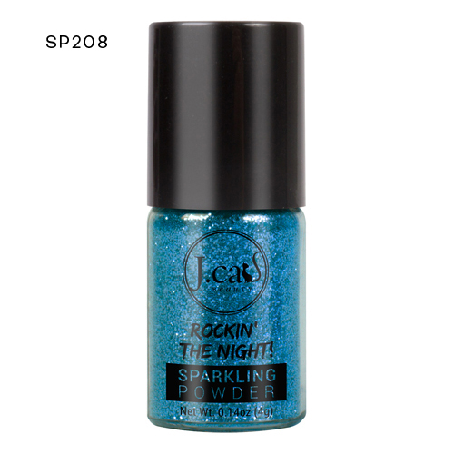 Frasco de pó cintilante azul com tampa preta e rótulo