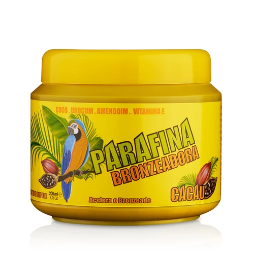 Frasco amarelo plástico com tampa, parafina bronzeadora cacau, texto e imagem de papagaio