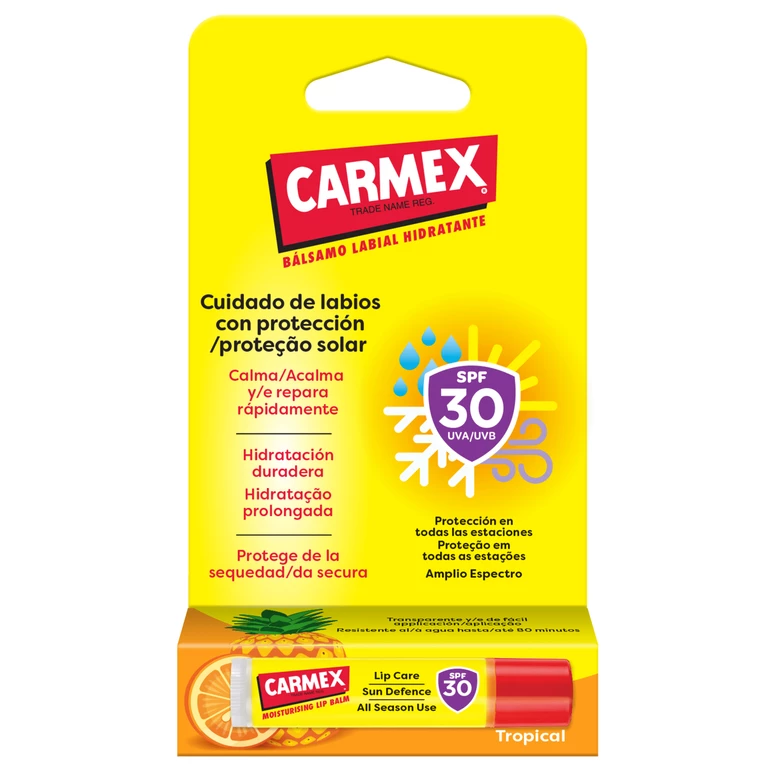 Embalagem de bálsamo labial hidratante Carmex com SPF 30 em amarela e laranja
