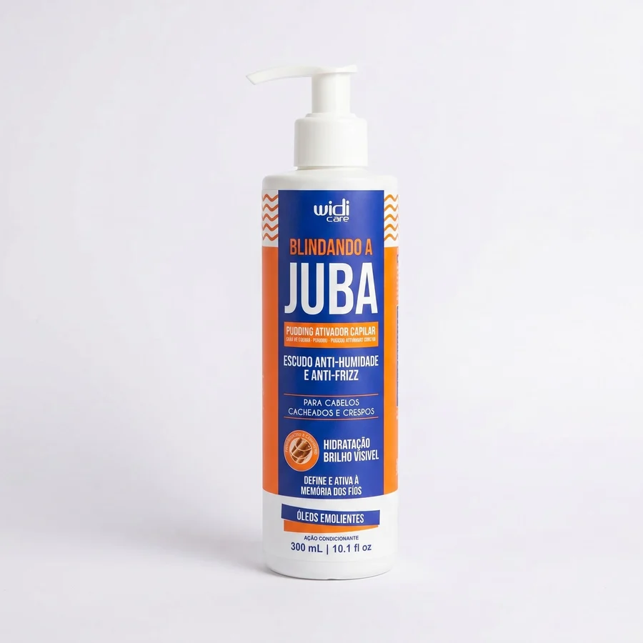 Frasco plástico branco com doseador de produto capilar Widi Care Blindando a Juba