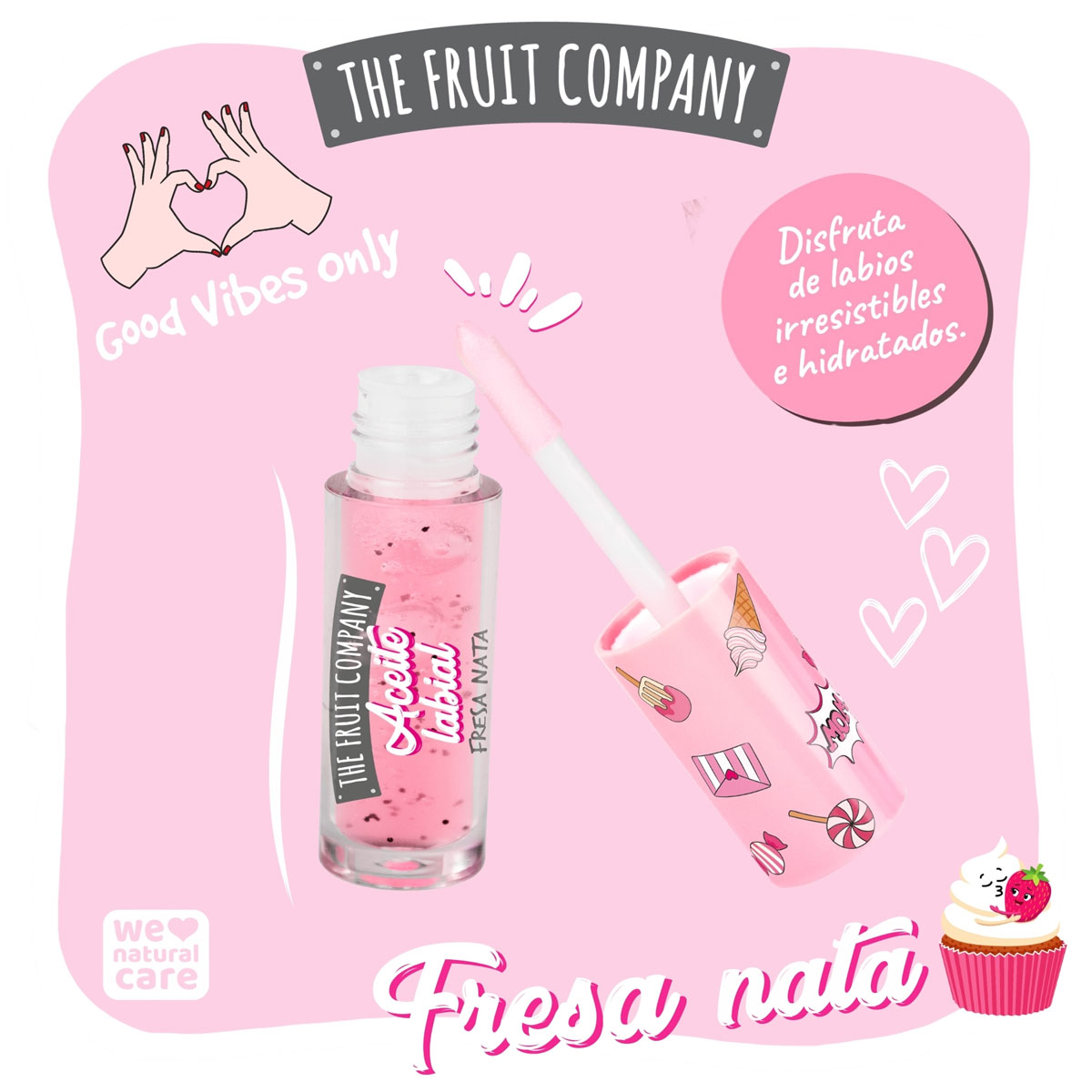 Brilho labial transparente com tampa rosa decorada e texto promocional em fundo rosa