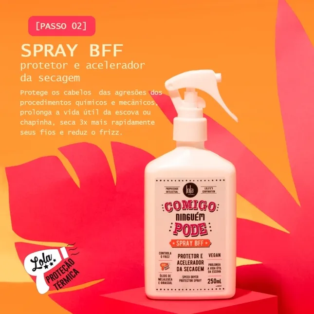 Frasco branco de spray protetor para cabelo com pulverizador e design colorido ao fundo.