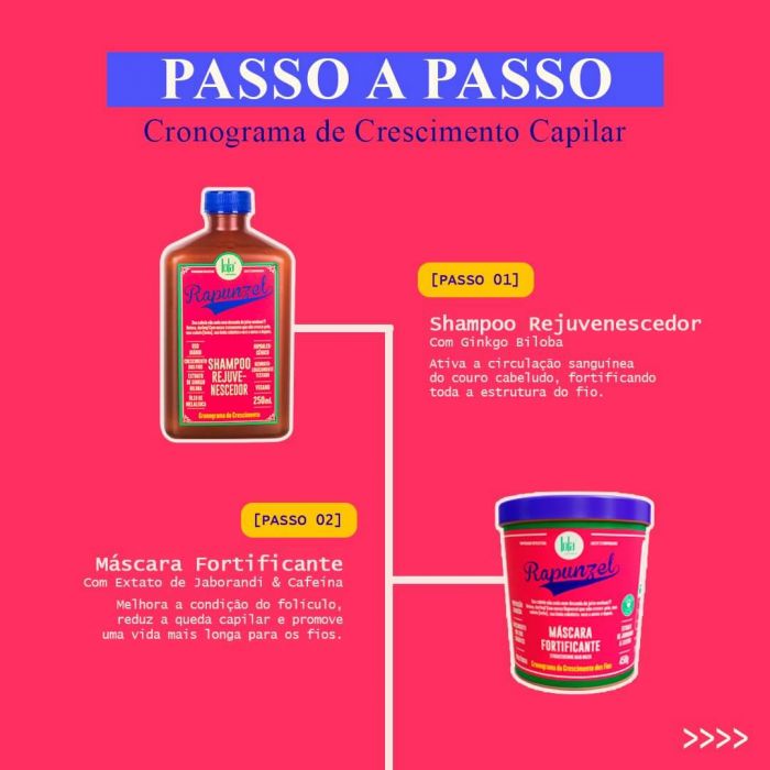 Dois produtos de cuidado capilar Rapunzel com instruções de uso em fundo rosa