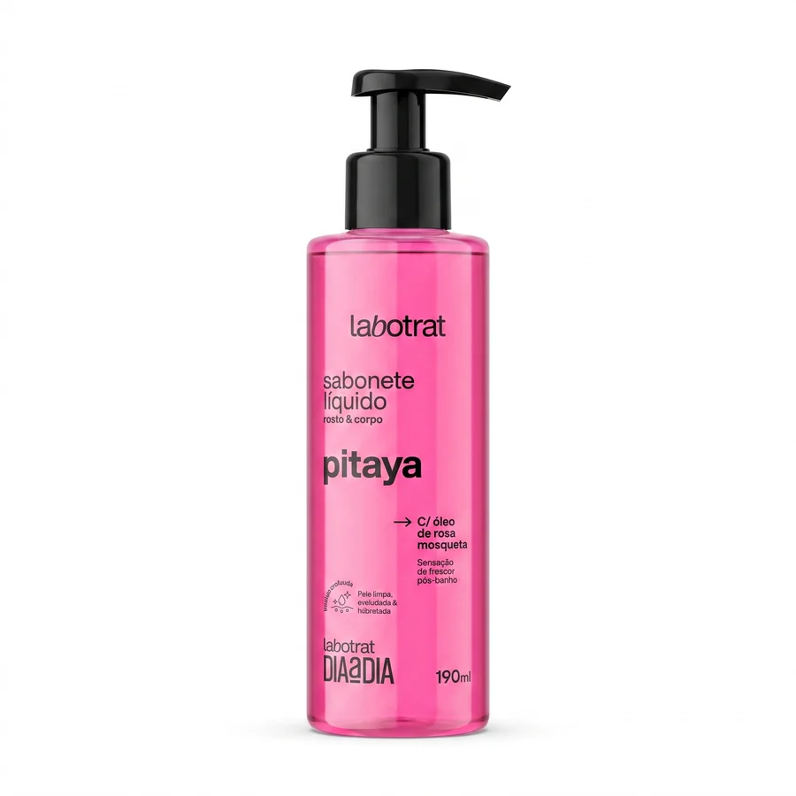 Frasco de sabonete líquido rosa com dispensador preto