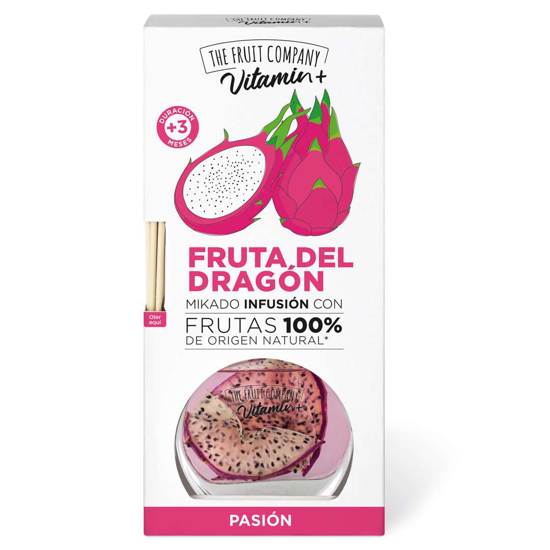 Fruto do dragão Mikado infusão da Fruit Company com caixa branca e rosa e varetas de madeira