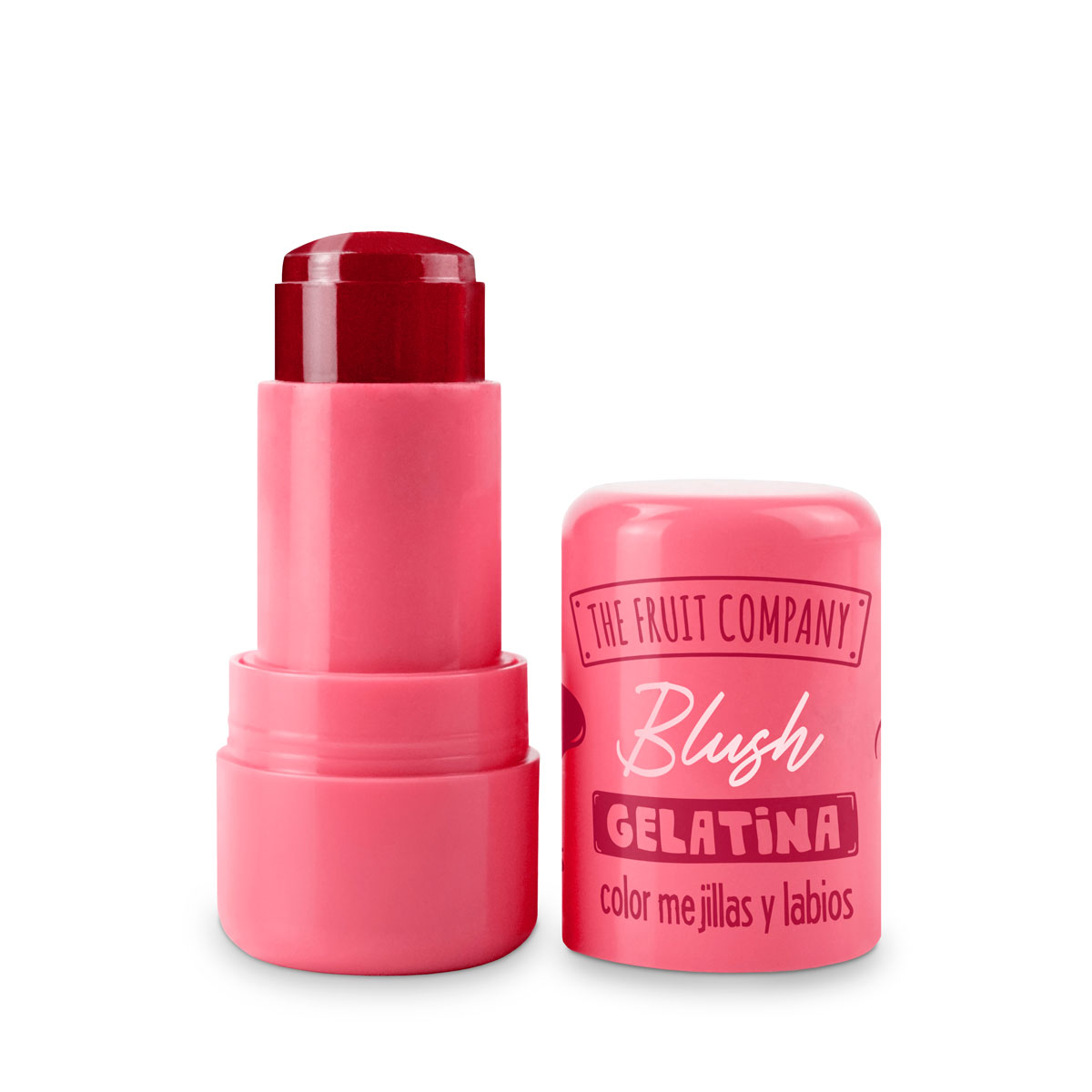 Blush em bastão vermelho com embalagem rosa e texto da marca THE FRUIT COMPANY