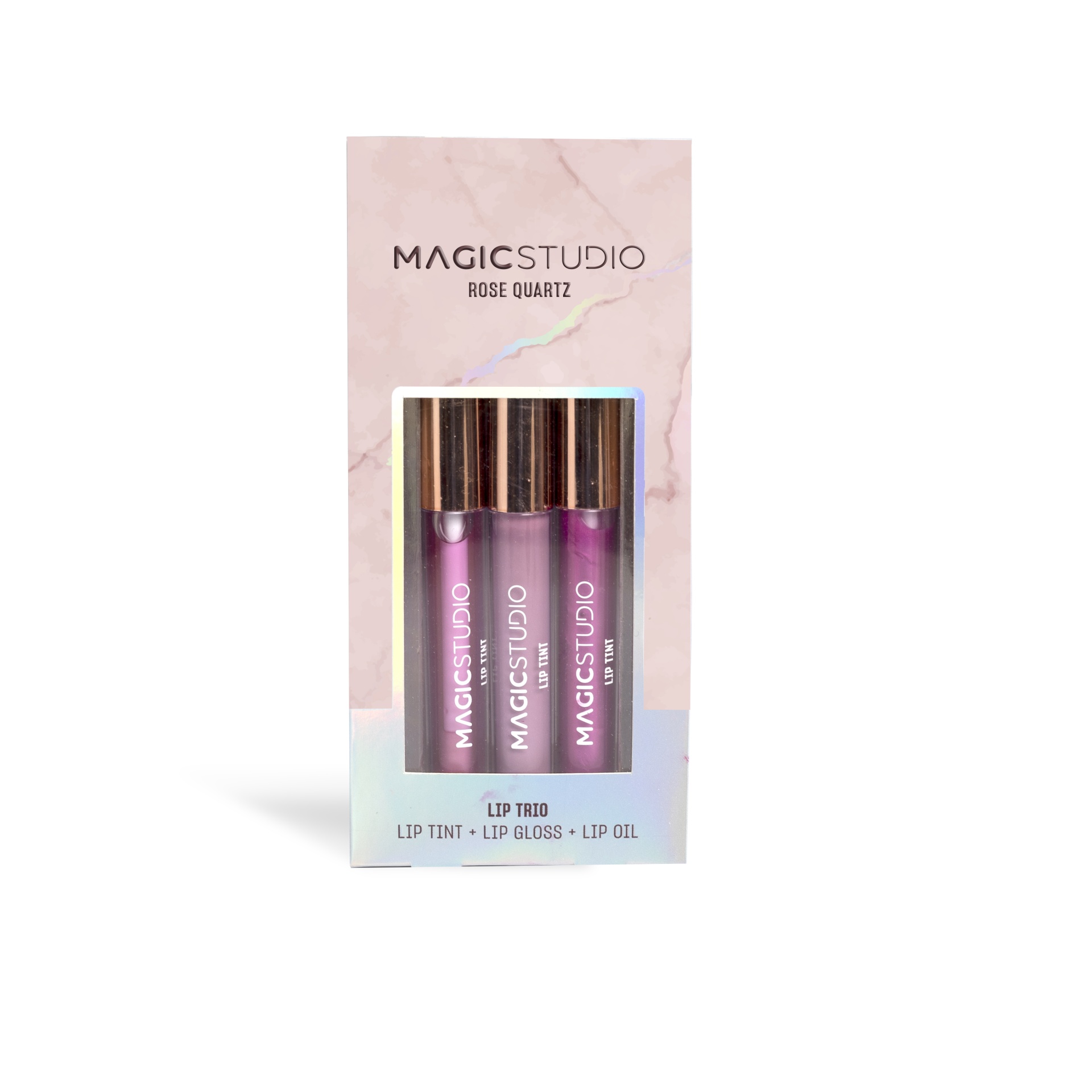Kit de maquilhagem para lábios MAGICSTUDIO Rose Quartz com três produtos em embalagem rosa e translúcida.