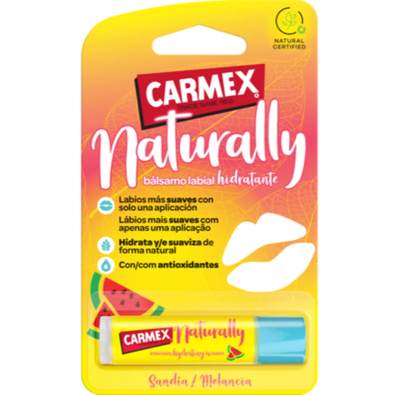 Bálsamo labial Carmex Naturally em embalagem amarela com texto e ícone de melancia.