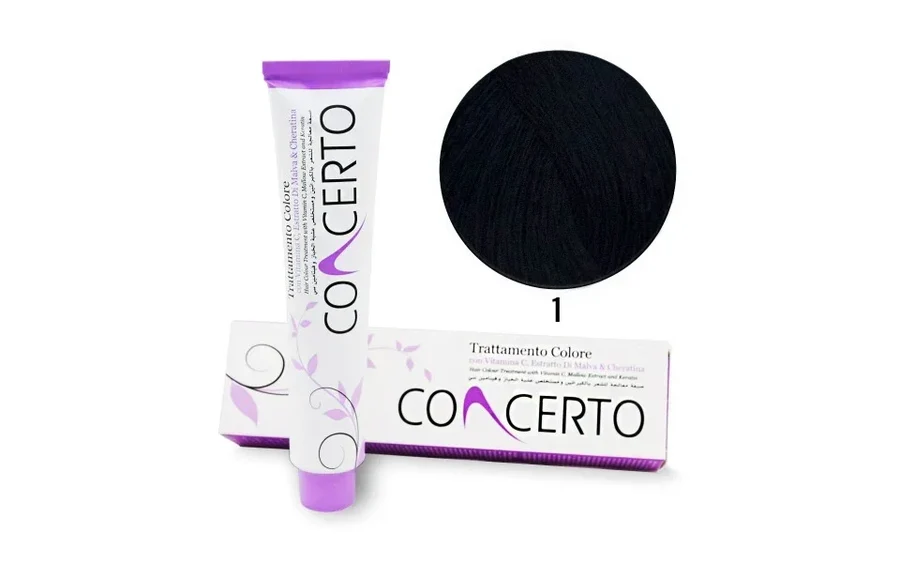 Tinta de cabelo Concerto com cor preta número 1 em tubo e caixa lilás e branco.