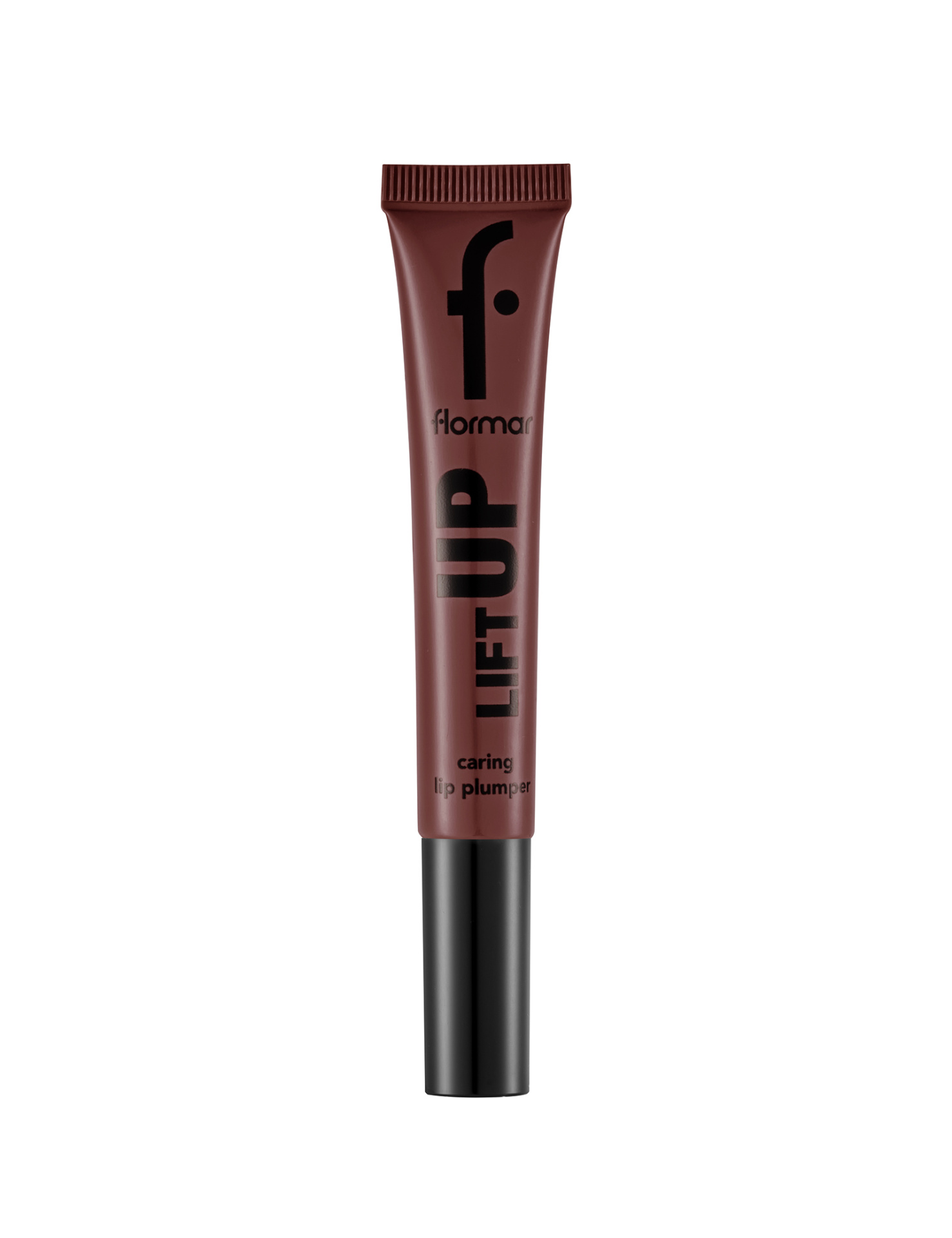 Tubo marrom escuro com tampa preta e texto preto flormar LIFT UP caring lip plumper