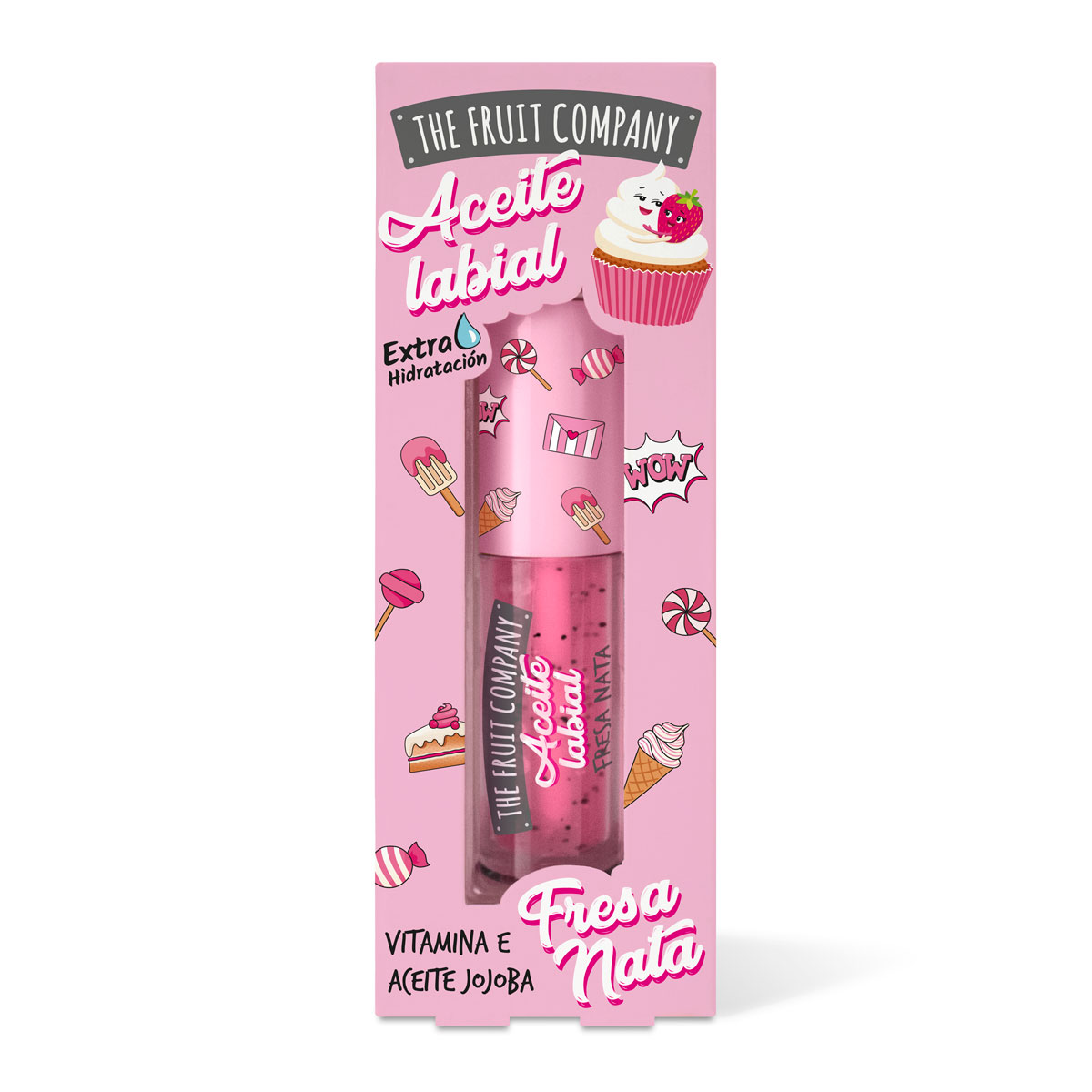 Embalagem cor-de-rosa de aceite labial com desenhos de cupcakes e doces, texto em espanhol
