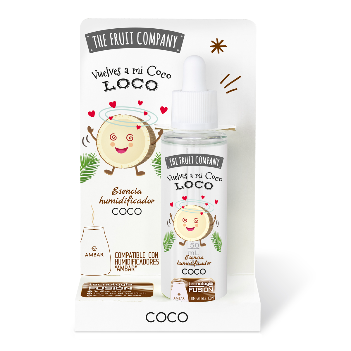 Essência de humidificador Coco da The Fruit Company com frasco e embalagem brancos