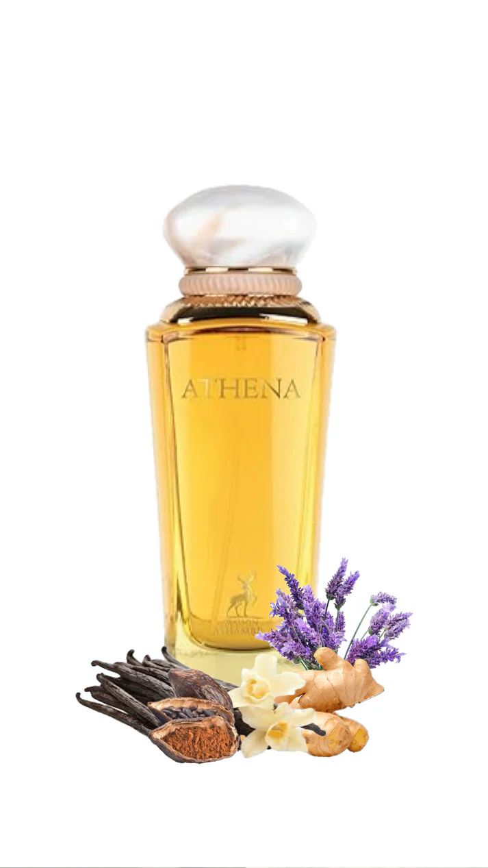 Frasco de perfume ATHENA com ingredientes naturais ao redor