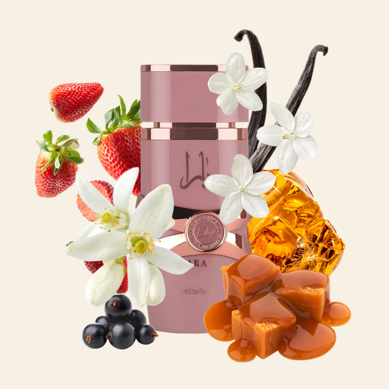 Duas embalagens cosméticas rosa com tampa dourada, morangos, flores brancas, vagens e caramelo.