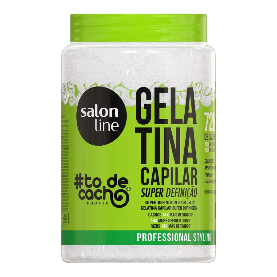 Frasco de gelatina capilar transparente com tampa verde e rótulo verde e branco