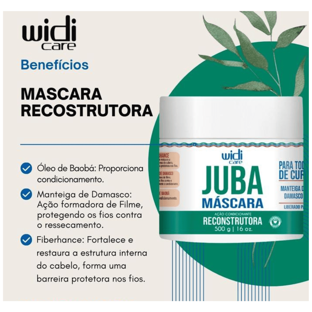 Embalagem de máscara capilar Widi Care Juba Máscara Reconstrutora com texto explicativo dos benefícios
