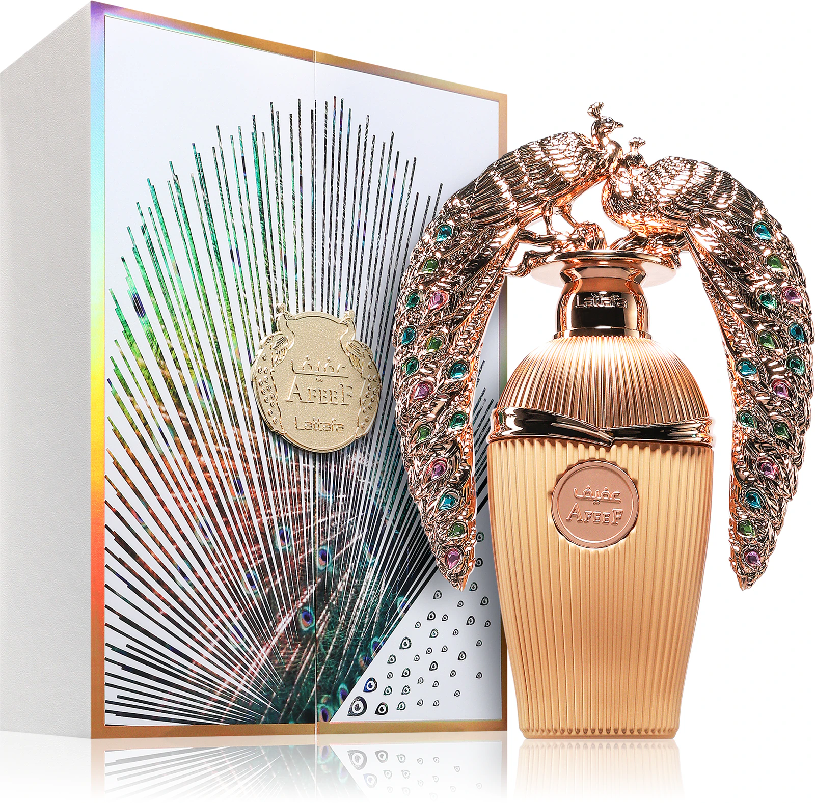 Frasco de perfume dourado com tampa decorada com duas aves e caixa com padrão de penas