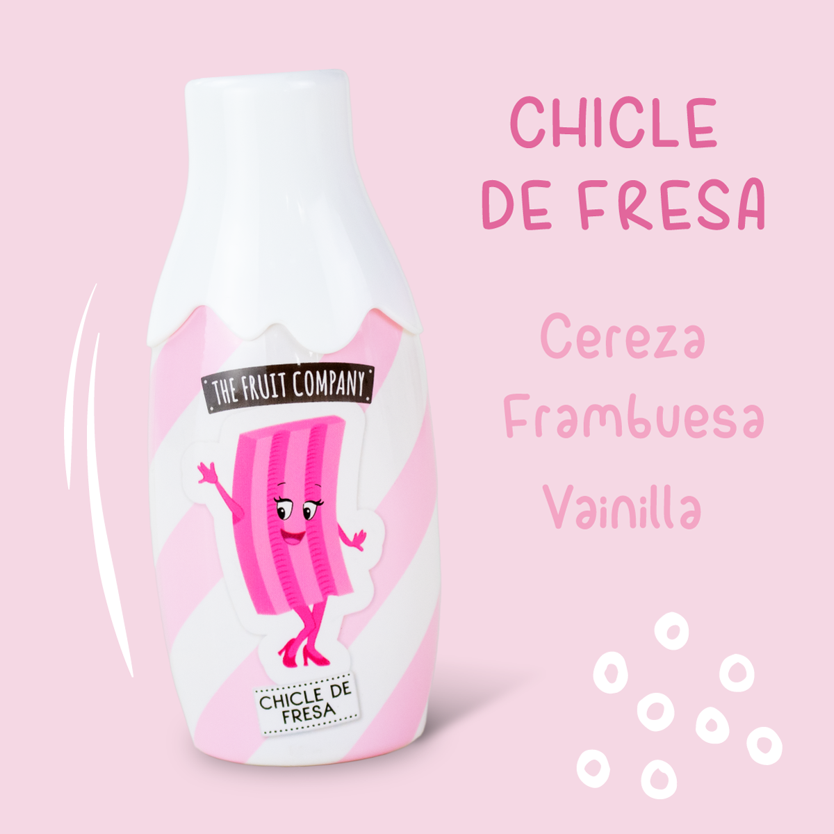 Embalagem rosa e branca de chiclete de morango da THE FRUIT COMPANY