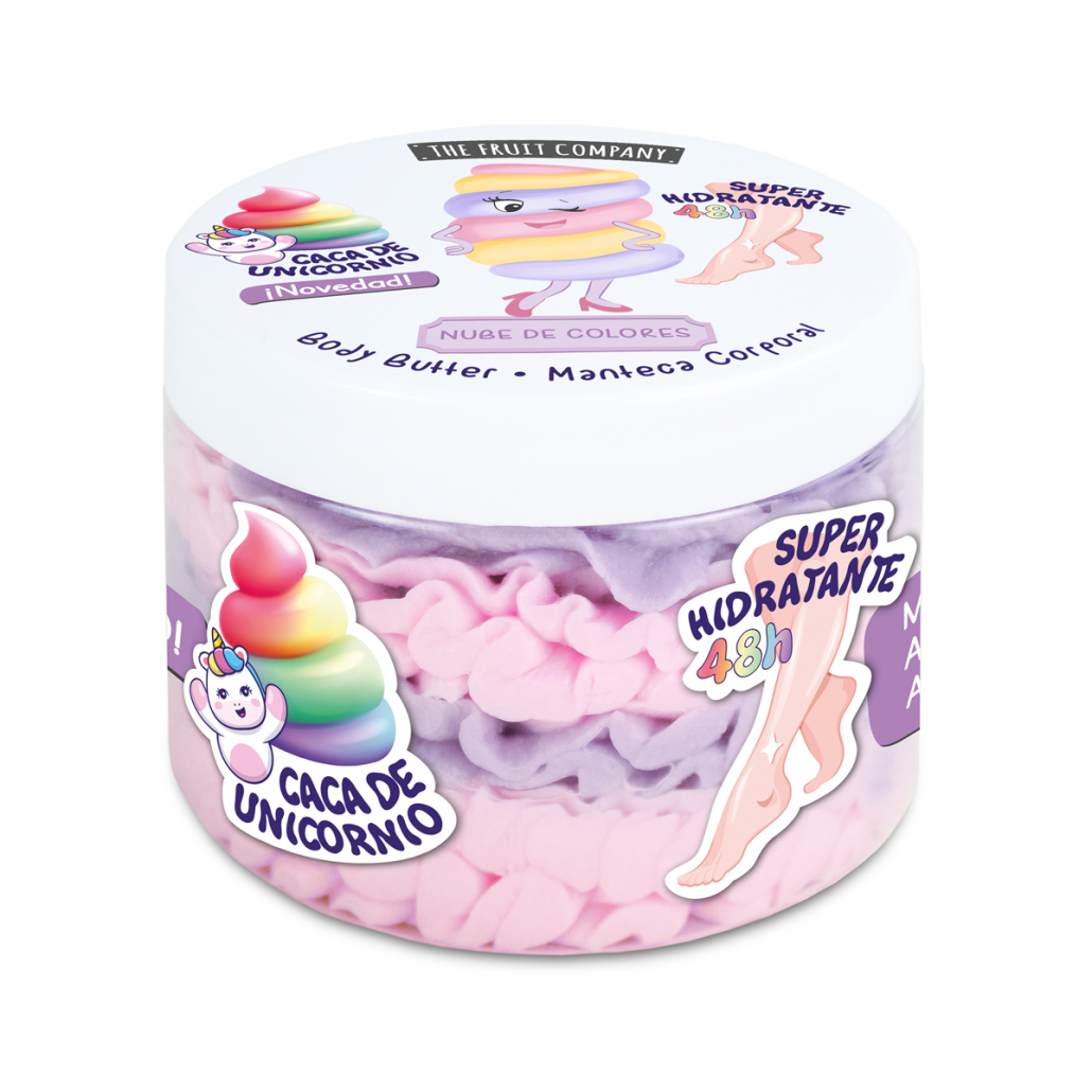 pote de body butter com imagem de unicórnio e texto em português e espanhol