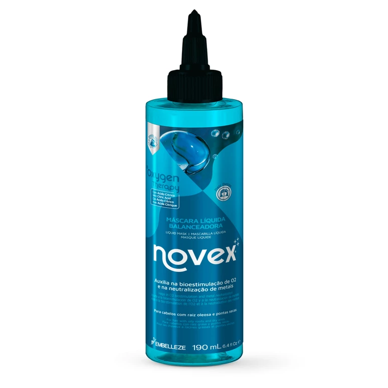 Frasco azul de máscara líquida balanceadora Novex com tampa preta e texto em branco