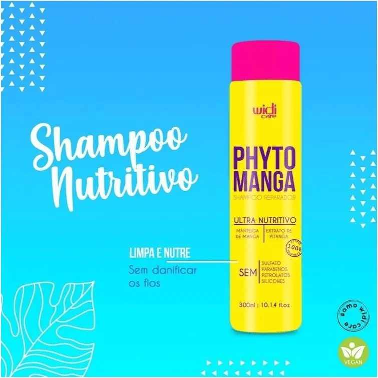Frasco amarelo com tampa rosa de shampoo Phyto Manga da Widi Care em fundo azul
