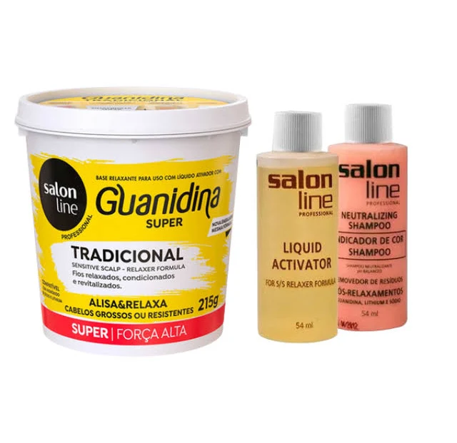 Conjunto de produtos para cabelo Salon Line Professional Guanidina Super Tradicional e frascos de ativador e shampoo.