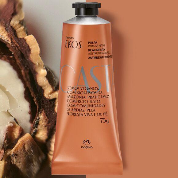 Tubo de creme Natura Ekos cor cobre com texto em preto e cinza e tampa preta