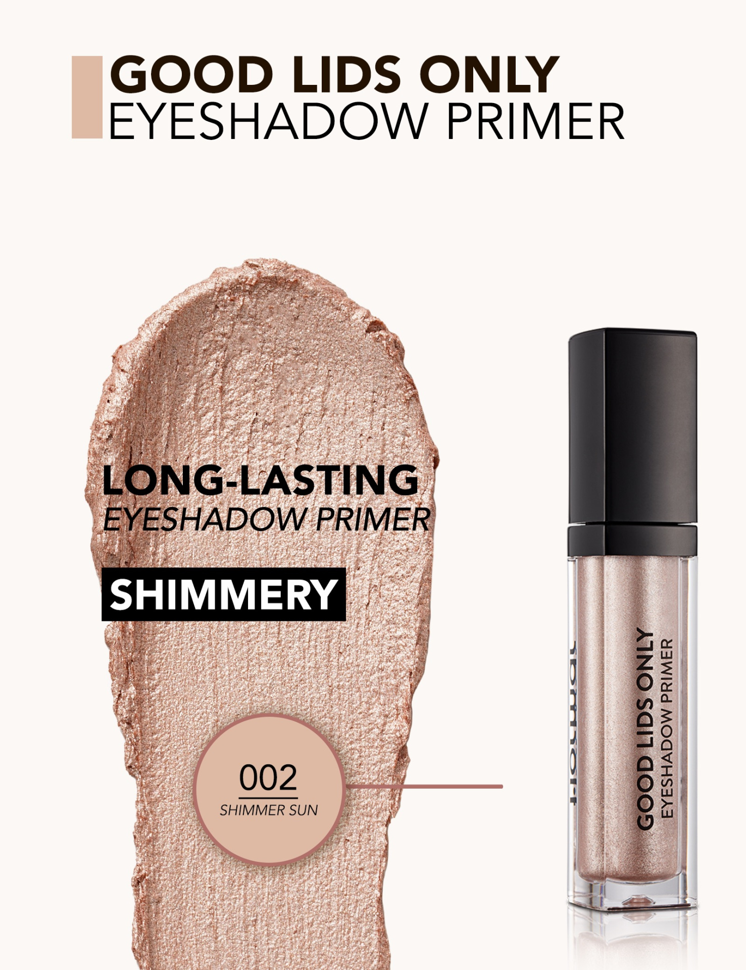 Primer de sombra de olhos em embalagem transparente e amostra rosada metálica