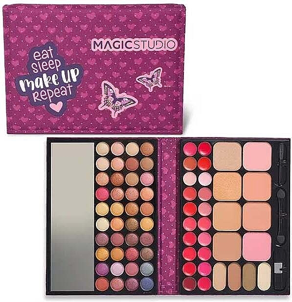 Paleta de maquilhagem MagicStudio com sombra, blush e batons em caixa rosa decorada