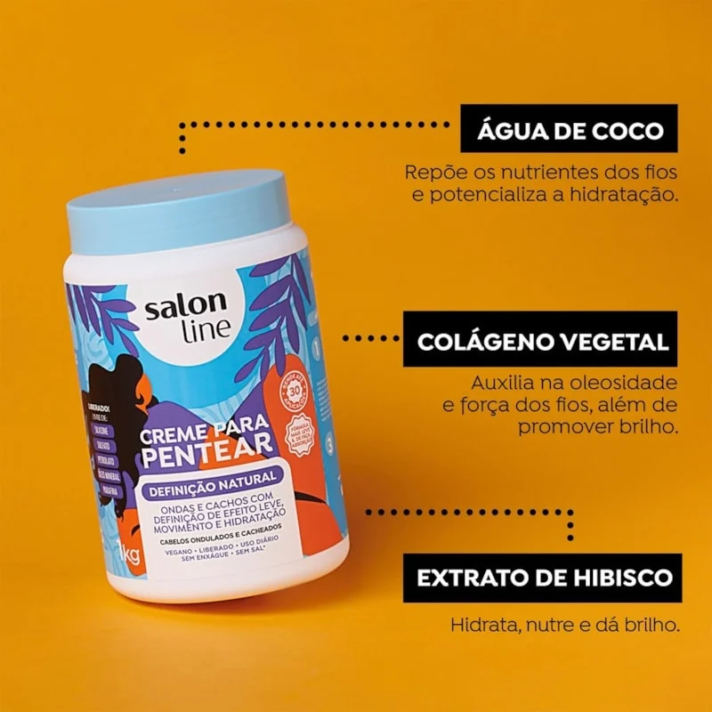 Creme para pentear Salon Line com ingredientes naturais em frasco branco e azul