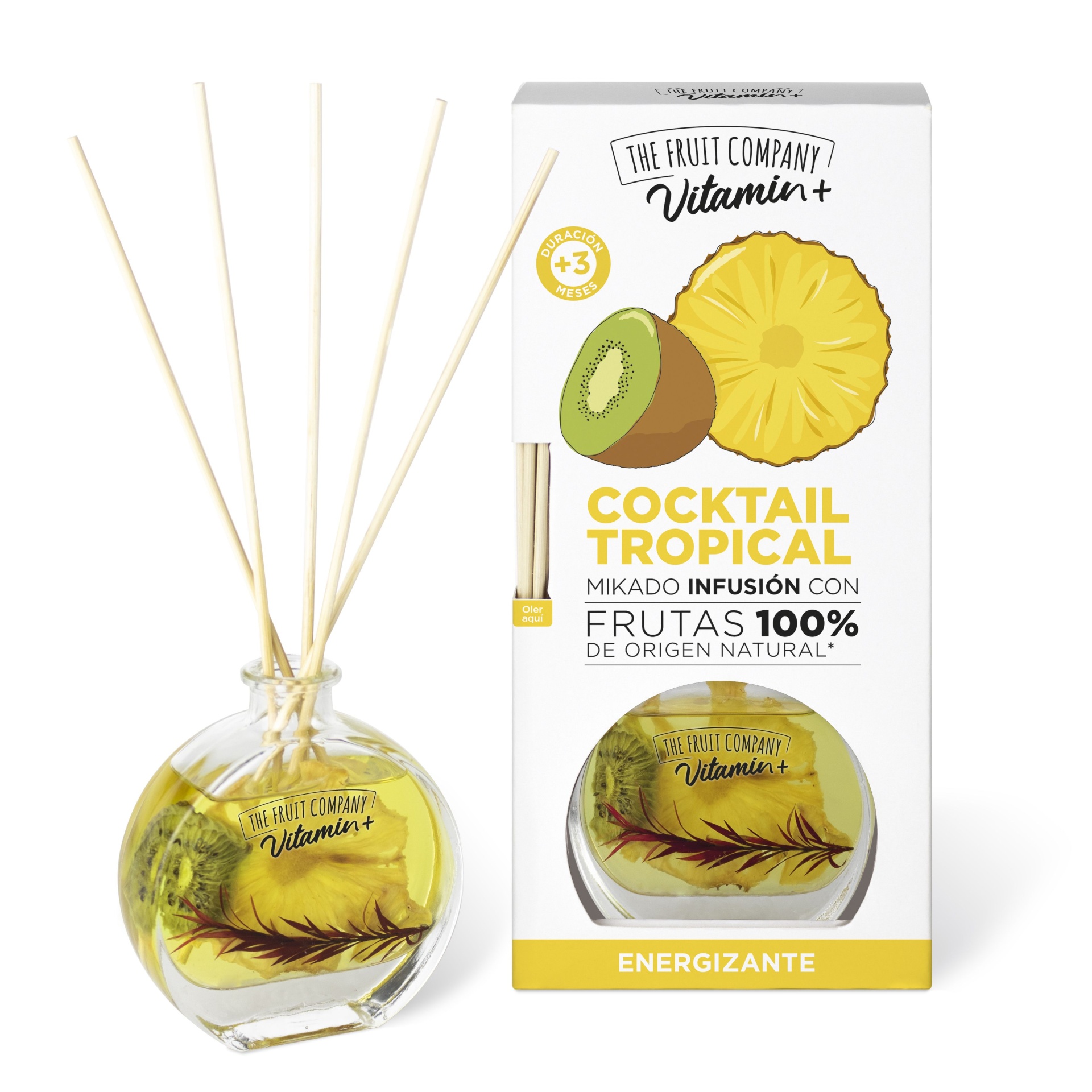 Aromatizador Mikado Cocktail Tropical com embalagem branca e amarela e frasco de vidro com líquido amarelo