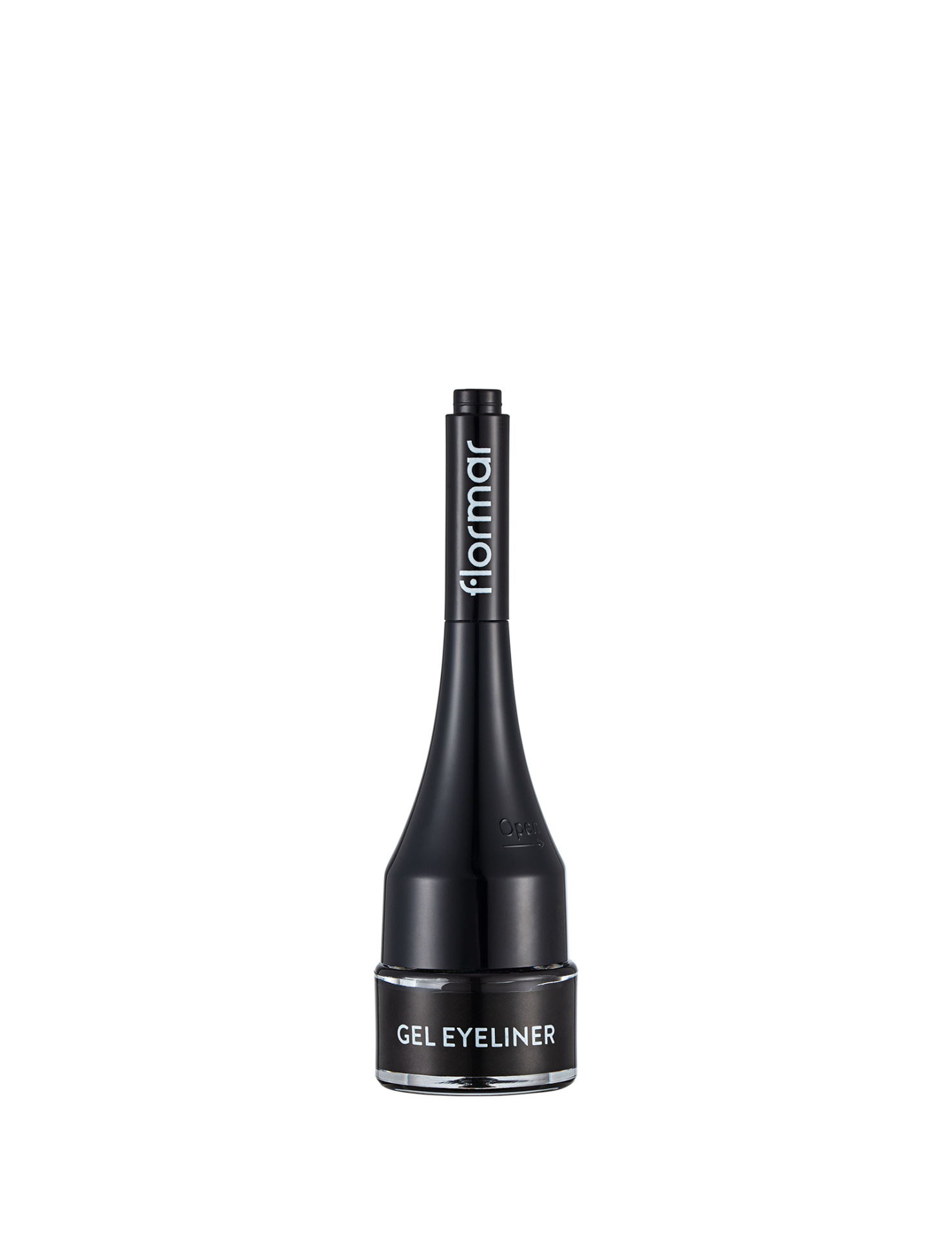 Eyeliner em gel preto com embalagem preta e tampa com texto flormar