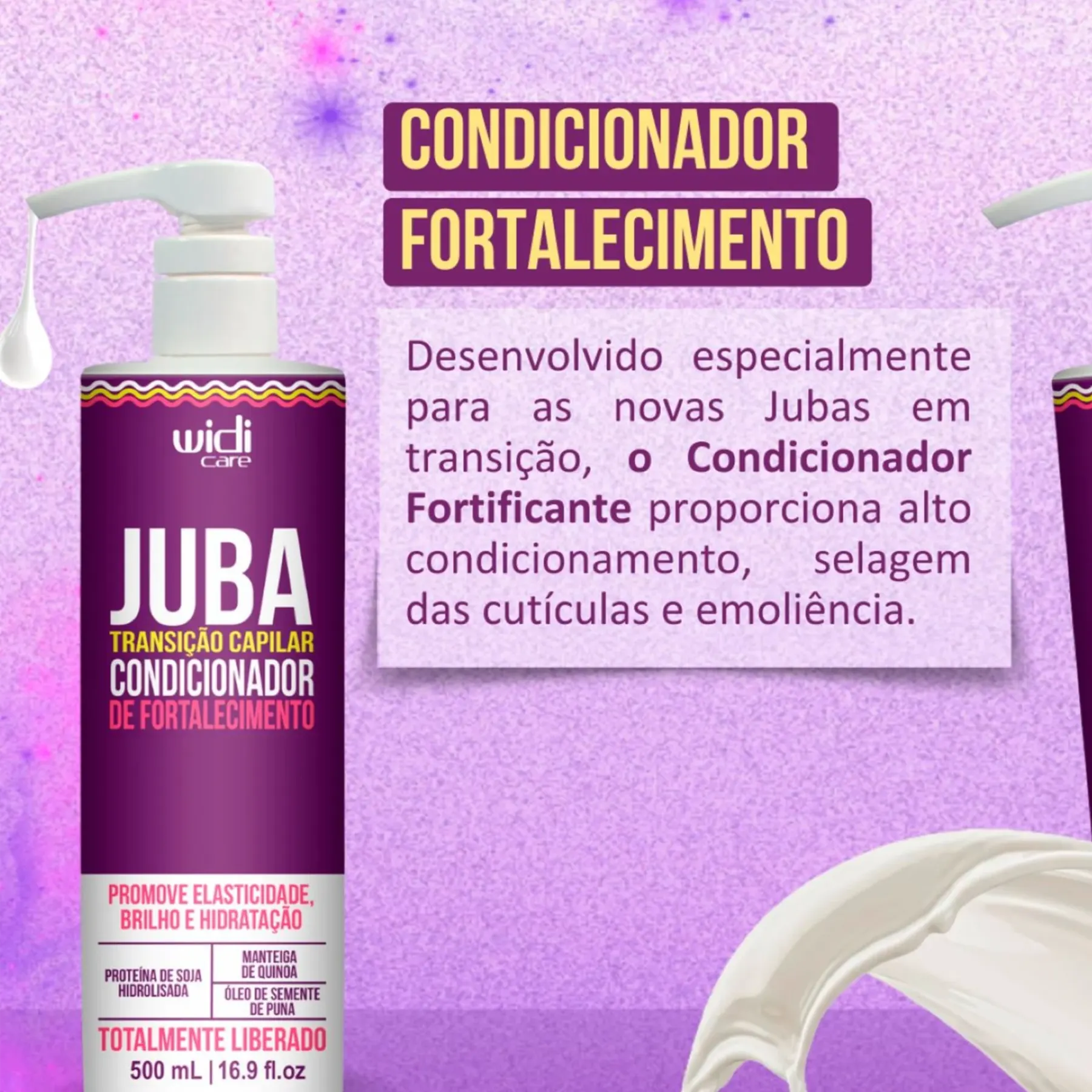 Condicionador de fortalecimento capilar Widi Care em embalagem púrpura com pump branco.