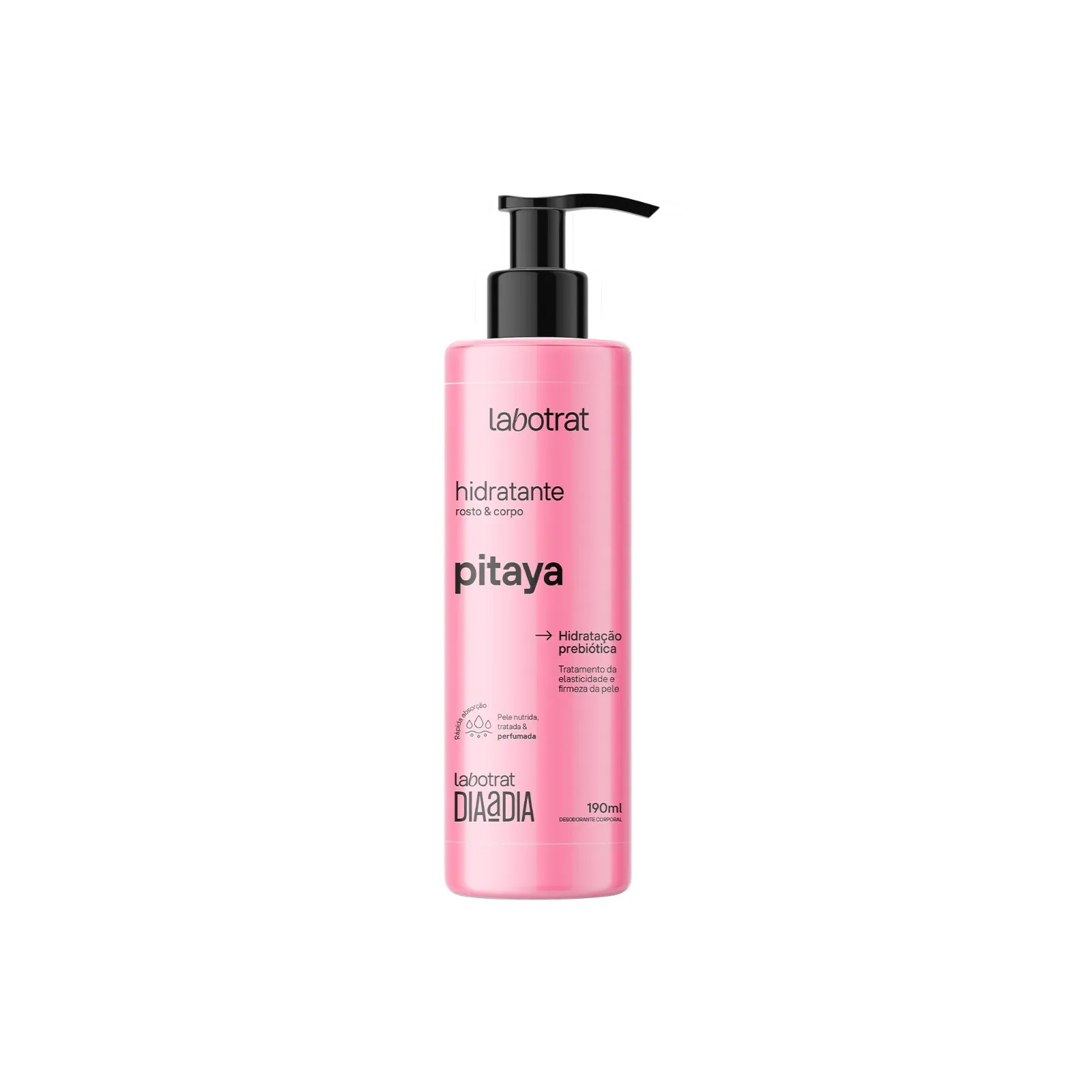 Frasco rosa de creme hidratante Labotrat Pitaya com doseador preto