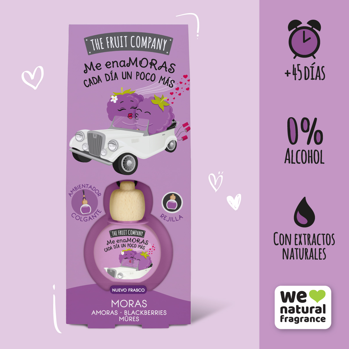 Frasco de aromatizador com fibras e embalagem roxa com desenhos de amoras e texto em espanhol