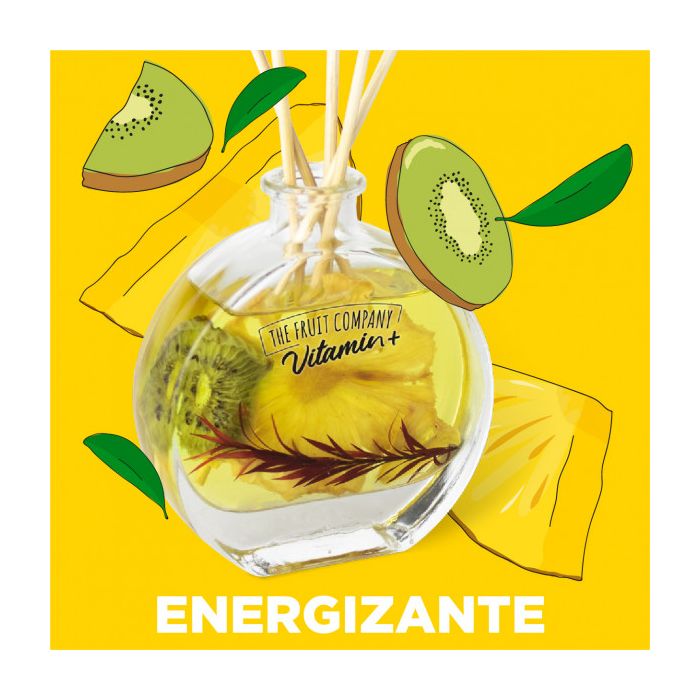 Frasco de vidro com difusor de aromas energizante e ilustrações de kiwi