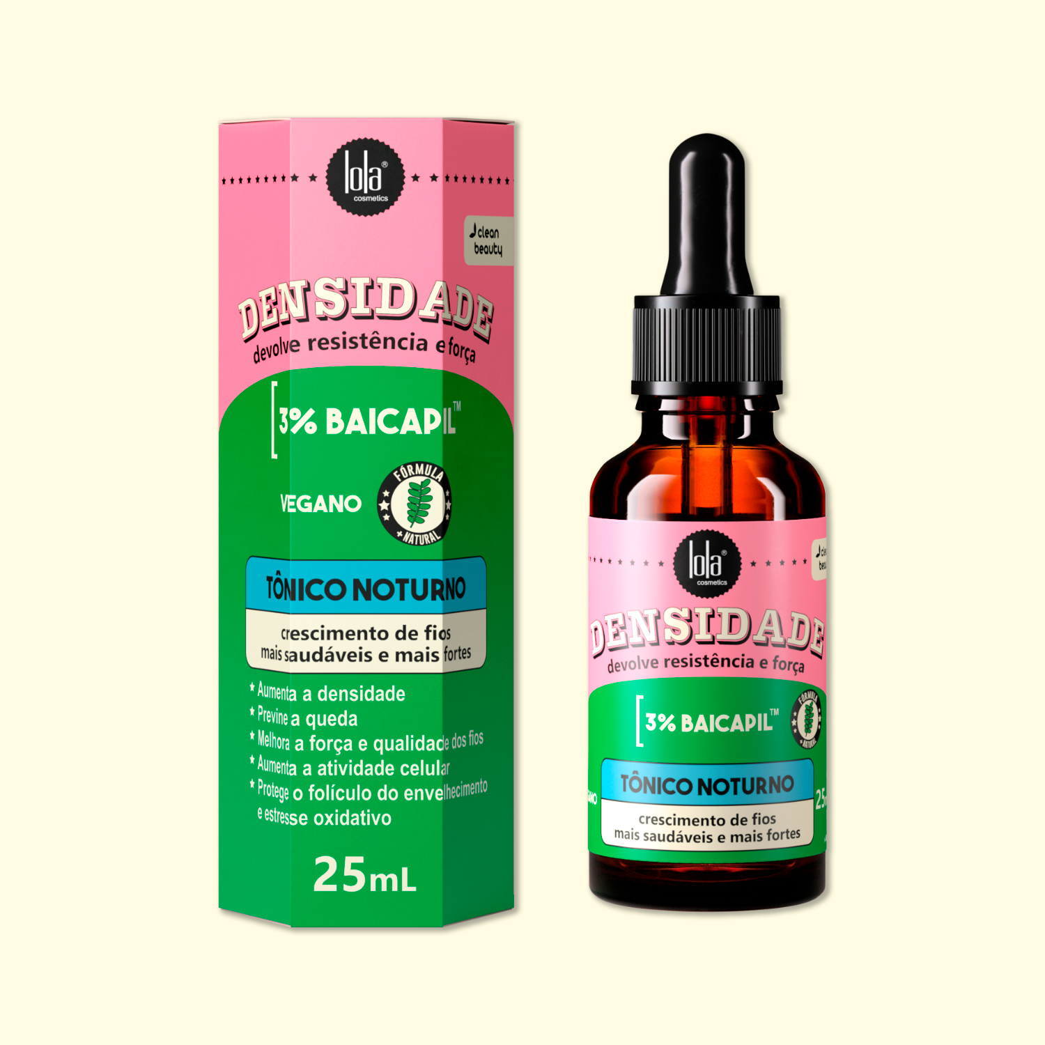Frasco âmbar com conta-gotas e embalagem rosa e verde do tónico capilar Lola DENSIDADE 3% BAICAPIL