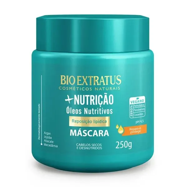 Frasco verde azul com tampa com texto Bio Extratus Máscara Nutrição 250g
