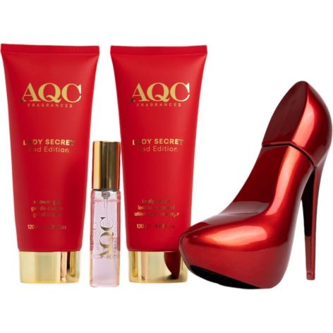Produtos cosméticos AQC Lady Secret e perfume em frasco formato sapato vermelho