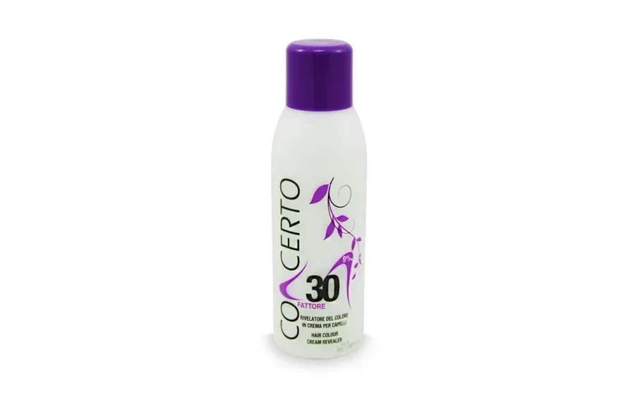 Frasco branco com tampa roxa de revelador de cor de cabelo Co Certo 30