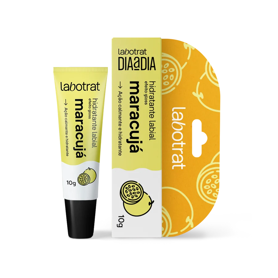 Hidratante labial Labotrat Maracujá em tubo amarelo e branco com caixa de embalagem amarela e branca em fundo preto